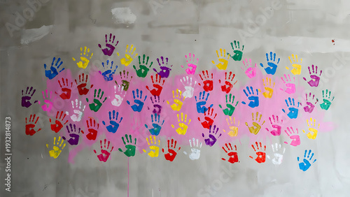 Wallpaper Mural Handprints colorful set on concrete wall with vibrant paint marks featuring art, creativity, children with playful and diverse elements for hand, Torontodigital.ca