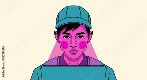 YoungMan Face Focuses on Laptop While Wearing Blue Hat in Calm Purple Setting from Front View
