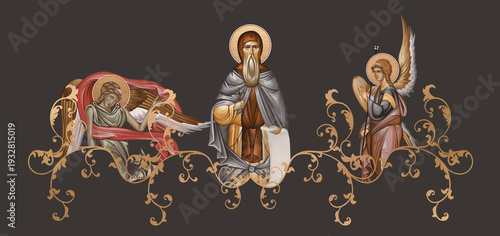 Saint Joanikije of Devic. Decorative vintage border with angels, illustration in Byzantine style