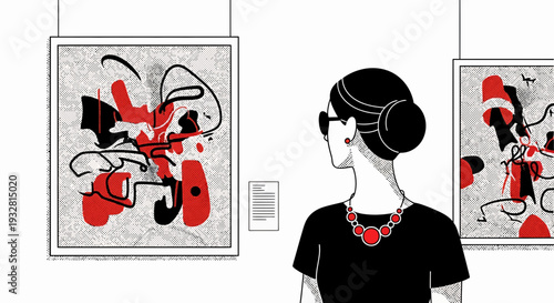 Woman examines abstract painting in gallery wall, thermostat nearby – black and white scene