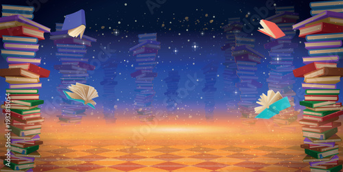 Floating and flying open books over warm glowing floor with starry night background. Imagination and education concept. Vector illustration with copy space.