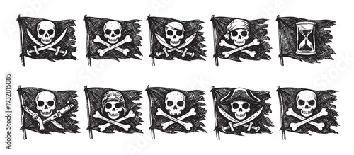 Set of illustrated pirate flags with skull and crossbones, swords, pistol, hourglass and bandanas, hand drawn in black and white ink for nautical adventure or halloween themes.