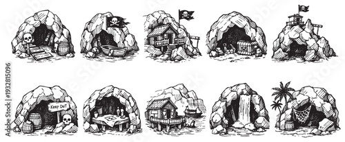 This set of black and white sketches depicts various pirate hideouts, islands, and caves with nautical and tropical themes perfect for illustration and design purposes.