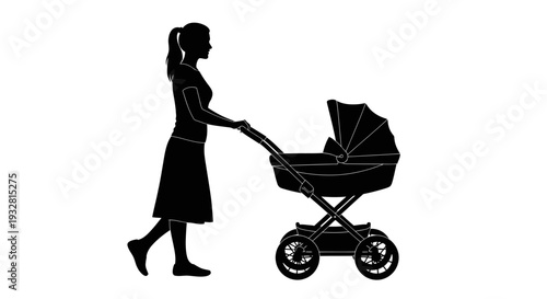 Woman pushing baby stroller outdoors.