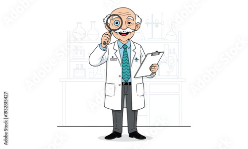Senior Scientist with Magnifying Glass and Clipboard in Laboratory