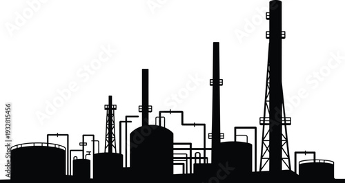 Industrial oil refinery silhouette isolated on white background, petrochemical factory landscape for energy production, manufacturing industry, power plant infrastructure, vector illustration design