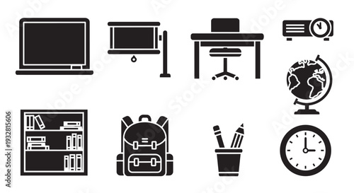 Set of 8 black education and office icons vector