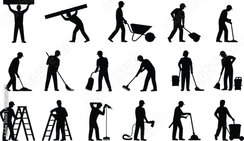 Construction and cleaning worker silhouettes set, builders and janitors with tools equipment in different poses, industrial labor vector illustration isolated on white background