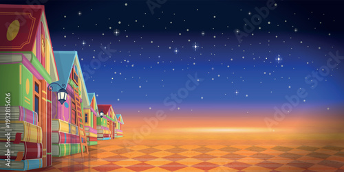 Perspective view of colorful book houses forming a magical street under starry sky with large copy space. Education and knowledge concept.