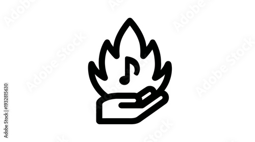 Music Passion Icon: Hand Holding Musical Note in Flame. Creative Audio Energy Vector Outline Design Element.