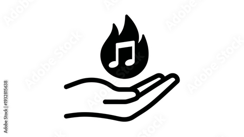 Hand holding a burning musical note icon representing music passion, creative inspiration, sound energy, and audio creativity vector symbol.