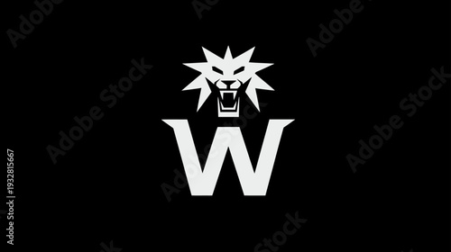 Stylized white lion head with spiky mane above a bold capital letter W, isolated on a black background, graphic design element.