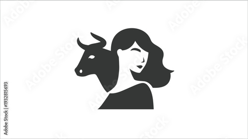 Minimalist black and white icon of a woman's head and a bull's head, symbolizing strength, femininity, and zodiac sign
