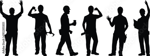 Construction worker silhouettes in different poses, builder team with tools and helmets industrial labor vector illustration isolated on white background