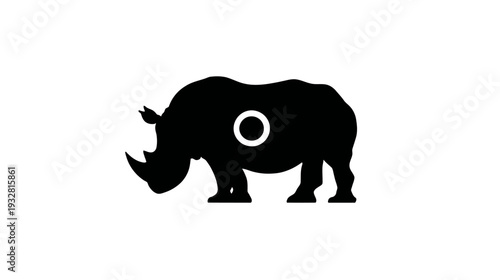 Minimalist Black Rhinoceros Silhouette Icon with Central White Circle on a Clean White Background