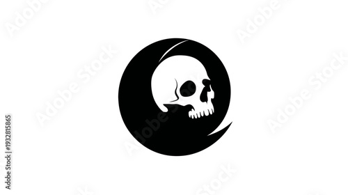 Stylized black and white skull graphic icon with crescent moon design, representing mystery, mortality, danger, or grunge aesthetic.
