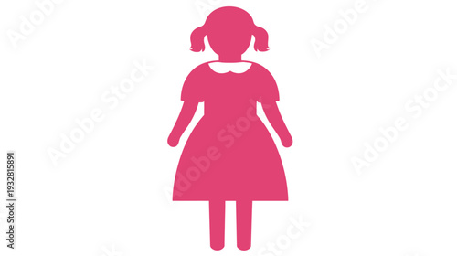 Pink silhouette icon of a young girl with pigtails wearing a dress, representing childhood, children, and femininity.