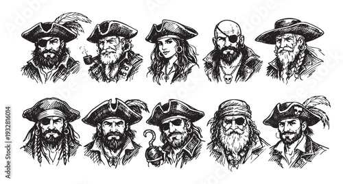 A collection of illustrated pirate characters in a rough ink sketch style, featuring eye patches, hats, and pirate gear, perfect for nautical themes.
