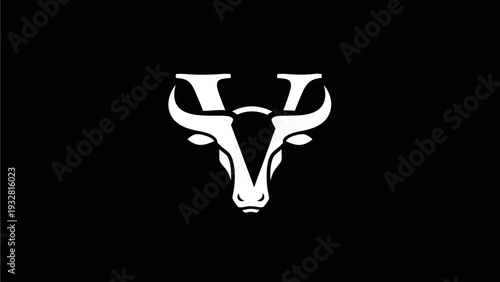 Stylized white bull head with horns forming a 'V' letter on a black background, representing strength, power, and determination.