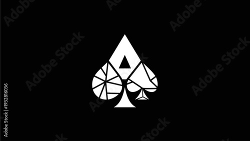 Modern Abstract Geometric Ace of Spades Graphic. Shattered Playing Card Suit Design on Black Background, Monochrome Illustration.