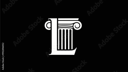Elegant white letter L combined with a classical Ionic column capital, symbolizing law, education, history, or tradition, graphic on black