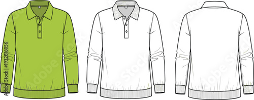 Long Sleeve Polo Shirt Technical Fashion Flat Sketch, Mens Sweatshirt Vector Template for Apparel Design, Collared Pullover Mockup Front and Back