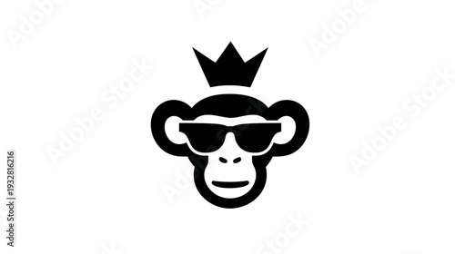 Stylized Monkey Head Wearing a Crown and Sunglasses, Black and White Vector Graphic Icon for Cool, Royal, or Playful Design Concepts