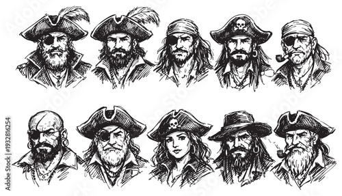 Hand-drawn, black and white sketches depicting a variety of pirates, male and one female, sporting eye patches, hats, and beards, for historical or fantasy illustrations.