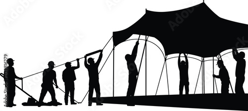 Construction workers setting up event canopy tent, team assembling temporary shelter structure, black silhouette vector illustration isolated on white background