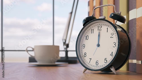 Black retro alarm clock with rapidly spinning hands on a wooden desk. Project deadlines, working day concepts, daylight saving time, and work routines.