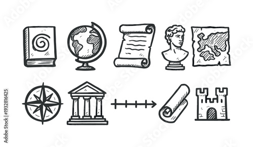 History, museum outline icon set. Artifacts, symbols, education icons collection