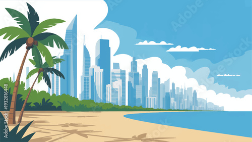 A stylized digital illustration of a modern coastal cityscape with a beach (1)_traced