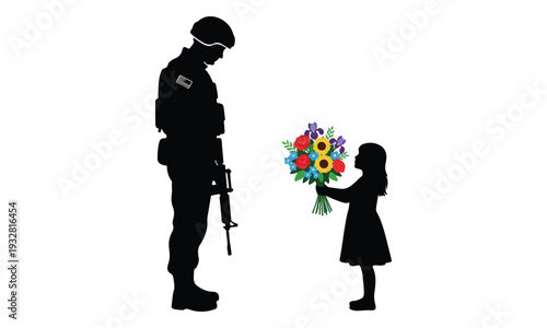 Military soldier silhouette and child offering colorful flowers