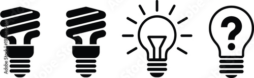 Light bulb and energy saving lamp silhouette icon set minimal flat vector illustration isolated on light background for electricity and idea design