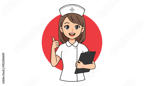 Smiling cartoon nurse giving thumbs up with clipboard on red circle