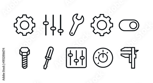 Tools and settings line icon set. Mechanical and adjustment icons collection
