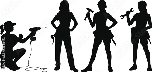 Female construction workers with tools, women builder team silhouette, professional tradeswomen holding drill hammer wrench vector illustration isolated on white background