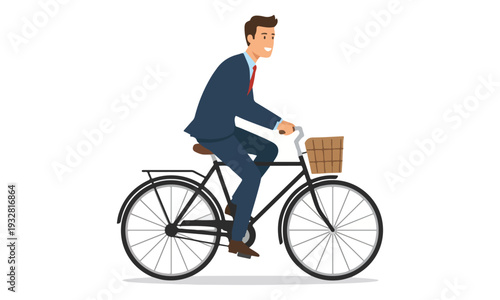 Businessman in Suit Riding City Bicycle with Front Basket