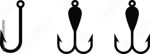 Fishing hook silhouettes isolated on white background, single and double barb tackle icons set, black vector illustration representing angling, sport fishing and marine equipment concept.
