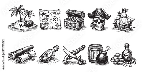 A set of hand-drawn pirate-themed icons in black and white features treasure map, island, chest, and more, creating a whimsical and adventurous mood. Perfect for children's books or themed designs.