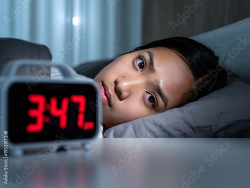 Woman Lying in Bed with Digital Alarm Clock Showing 3:47 - Sleeplessness and Anxiety
