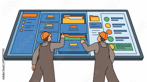 Two workers in orange hard hats and brown overalls standing in front of a large mockup car dashboard display screen