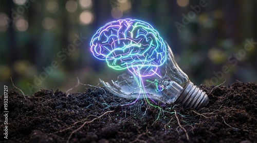 Innovation Concept with Glowing Brain Lightbulb and Future Technology Inspiration