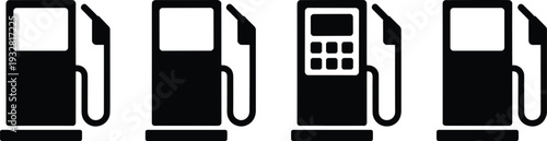 Gas station fuel pump silhouettes isolated on white background, petrol and diesel dispenser icons set, black vector illustration representing energy, transportation and refueling concept.