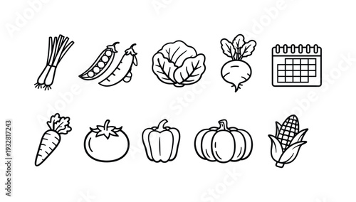 Vegetable and fruit outline icon set for farming and gardening projects