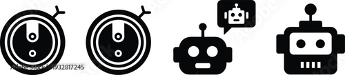 Robot head and robotic vacuum cleaner silhouettes isolated on white background, smart home technology icons, black vector illustration set representing artificial intelligence and automation.