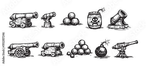 Set of detailed hand-drawn pirate cannons, cannon balls, and bombs in a monochrome sketch style, perfect for adventure themed illustrations or historical designs.