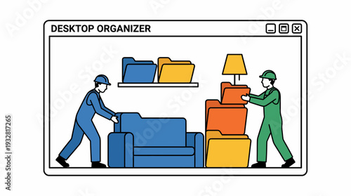 Two workers moving colorful boxes and furniture into a mockup car for transport