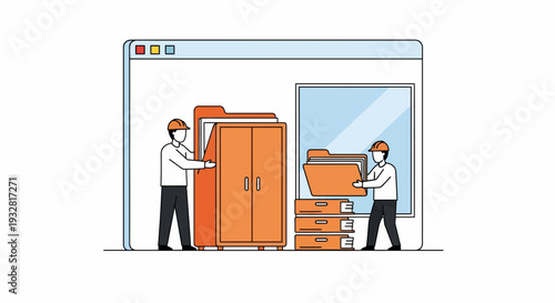 Two workers moving mockup car parts into an office storage room