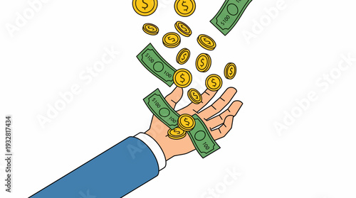 Cartoon hand catching falling money, bills, and coins amid business abundance and prosperity